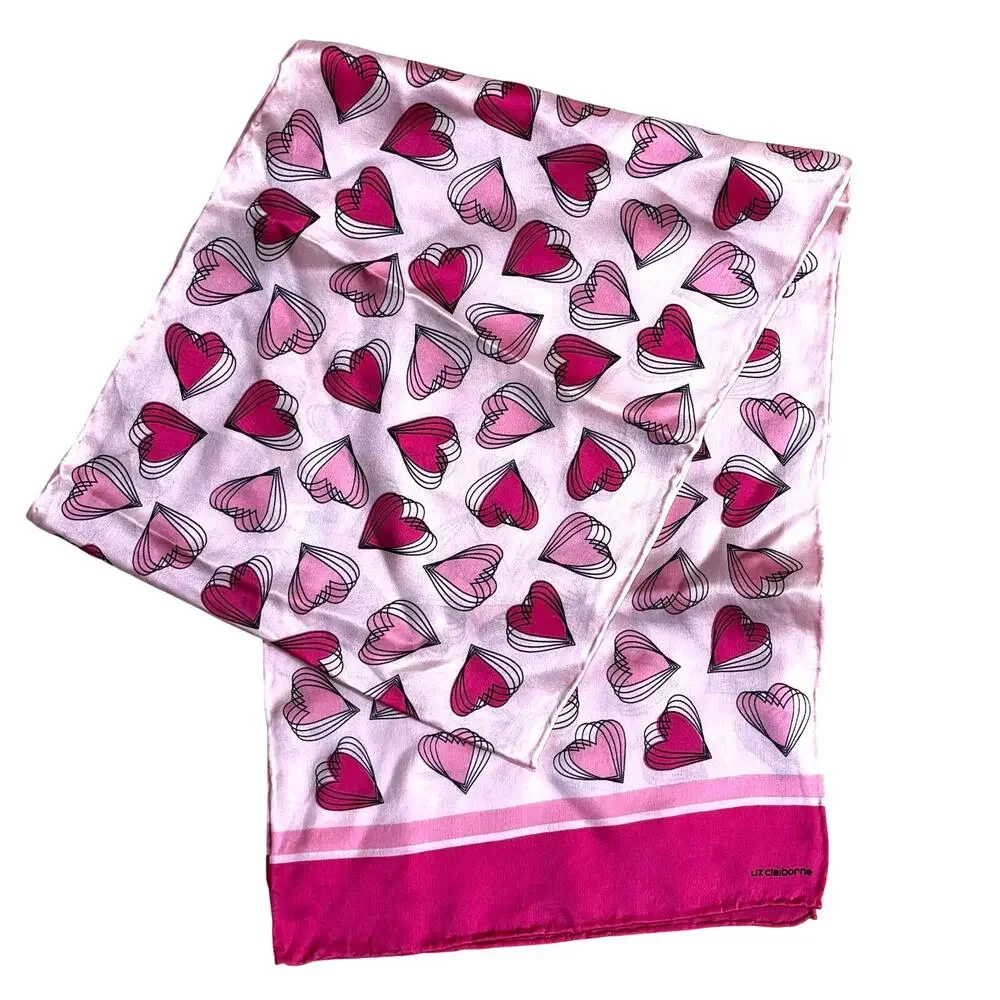 Vintage Liz Claiborne logo silk scarf shades of pink mod hearts long rectangle